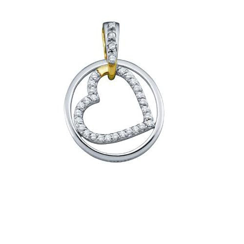 10KT White Gold Two Tone 0.20CTW ROUND DIAMOND HEART PENDANT IN WHITE HEART & YELLOW CIRCLE