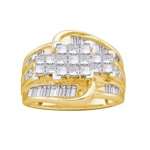 14KT Yellow Gold 2.00CTW ROUND BAGGUETTE PRINCESS DIAMOND LADIES INVISIBLE RING