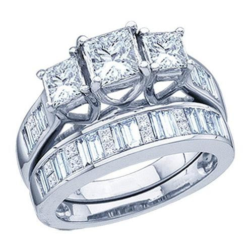 14KT White Gold 1.00CTW DIAMOND 0.30CT CENTER PRINCESS 3 STONE BRIDAL SET