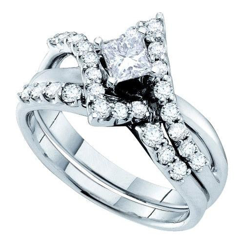 14K White-gold 1.01CTW ROUND DIAMOND LADIES BRIDAL RING WITH 0.38CTW CENTER PRINCESS CUT