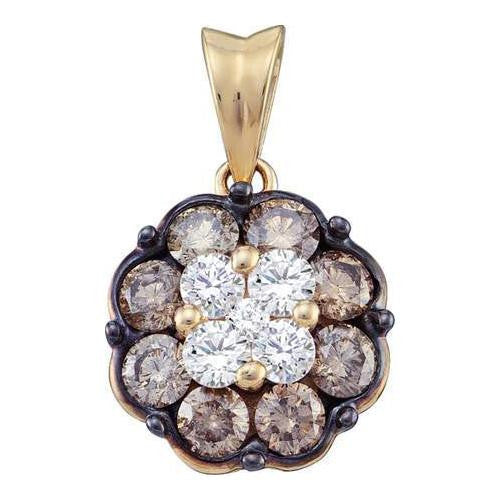 14K Yellow-gold 1.00CT WHITE AND BROWN ROUND COGNAC DIAMOND LADIES FASHION FLOWER PENDANT