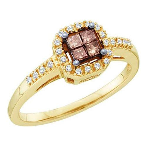 10KT Yellow Gold 0.25CTW WHITE ROUND AND BROWN PRINCESS COGNAC DIAMOND LADIES FASHION INVISIBLE Ring