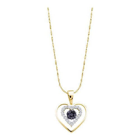 10K Yellow-gold 0.25CTW ROUND BLACK DIAMOND LADIES FLOWER SET HEART PENDANT