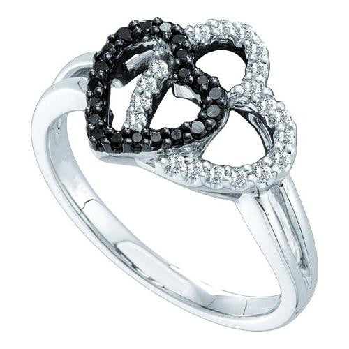 14K White-gold 0.27CTW ROUND WHITE AND BLACK DIAMOND HEART RING