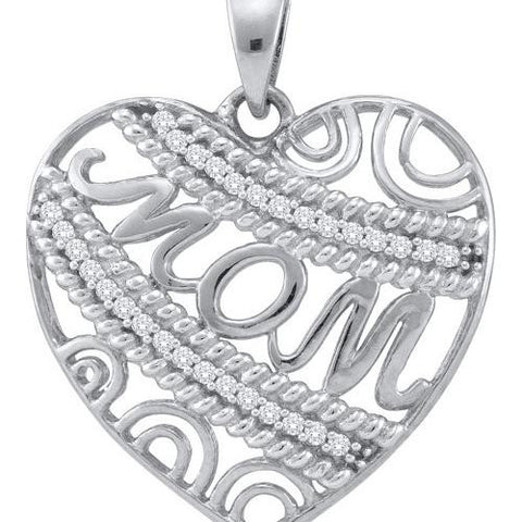 10KT White Gold 0.10CTW DIAMOND HEART MOM PENDANT