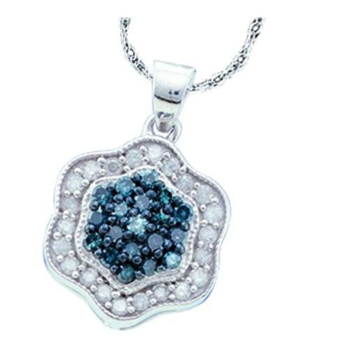 14K White-gold 0.50CTW BLUE DIAMOND  FLOWER PENDANT