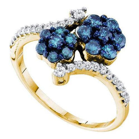 10K Yellow-gold 0.75CTW BLUE DIAMOND FLOWER RING