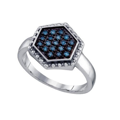 925 Sterling Silver White 0.18CTW BLUE DIAMOND  CLUSTER RING