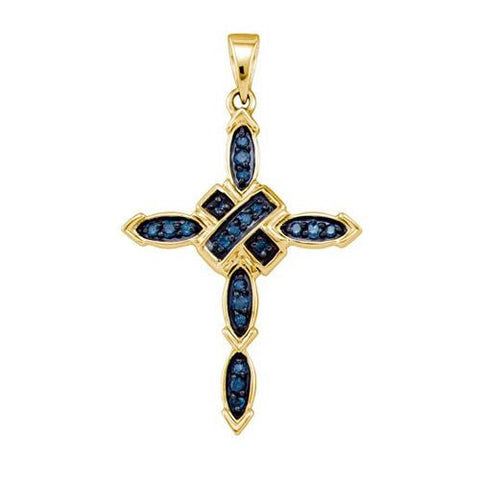 10KT Yellow Gold 0.21CTW BLUE DIAMOND CROSS PENDANT