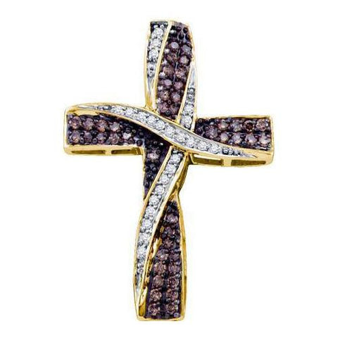 10KT Yellow Gold 0.57CTW COGNAC DIAMOND LADIES CROSS PENDANT