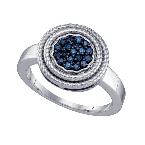 925 Sterling Silver White 0.25CTW BLUE DIAMOND  CLUSTER RING