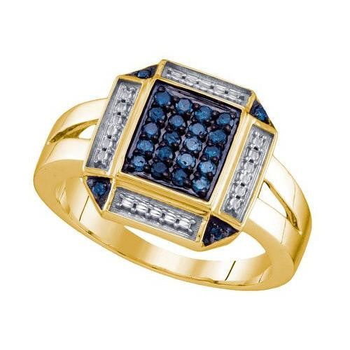 925 Sterling Silver Yellow 0.25CTW BLUE DIAMOND CLUSTER RING