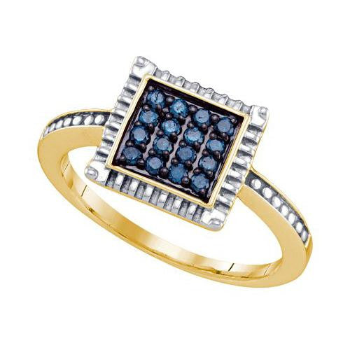 925 Sterling Silver Yellow 0.26CTW BLUE DIAMOND CLUSTER RING