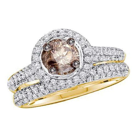 14KT Yellow Gold 1.23CTW COGNAC DIAMOND 0.40CT CENTER ROUND BRIDAL SET