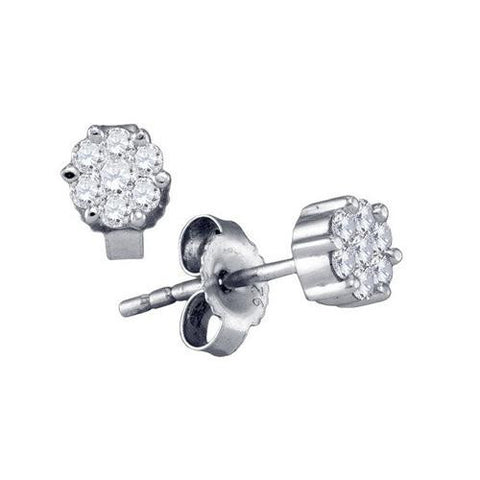 925 Sterling Silver White 0.25CTW ROUND DIAMOND LADIES FLOWER EARRINGS