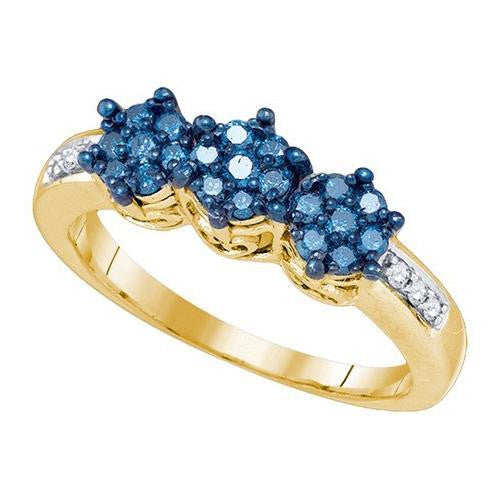 10K Yellow-gold 0.36CT BLUE DIAMOND 3 FLOWER RING