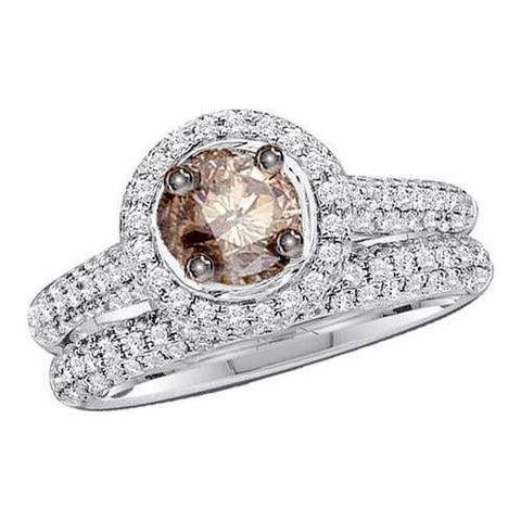 14KT White Gold 1.23CTW COGNAC DIAMOND 0.40CTW ROUND CENTER BRIDAL SET SIZE 5