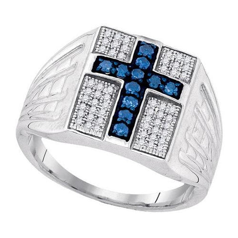 925 Sterling Silver White 0.50CTW-BLUE DIAMOND MENS RING