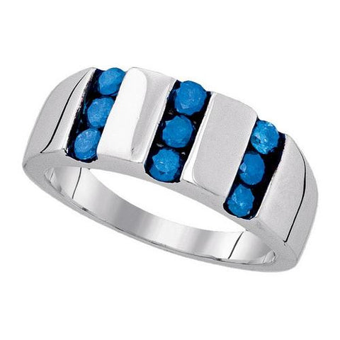 925 Sterling Silver White 1.0CT-BLUE DIAMOND MENS BAND